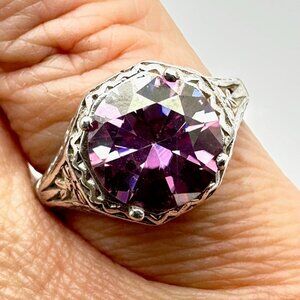 Vintage Pink Purple Sapphire Sterling Silver Filigree Setting Ring Size 7